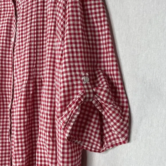 Catherines Plus Size Top Blouse Button Down 3X Red White Gingham Tabbed Sleeves - Picture 5 of 12